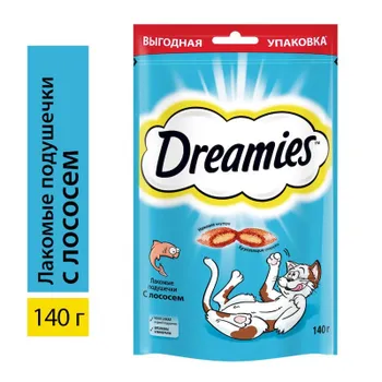 Dreamies лакомство для кошек, с лососем, лакомые подушечки - 140 г повседневный премиум для взрослых с лососем для всех пород Россия 1 уп. х 1 шт. х 0.14 кг