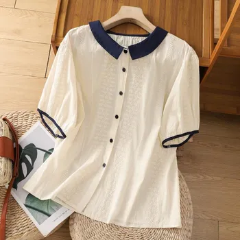 Летняя рубашка Xiaoxiangfeng Color Blocked Doll Collar Hollow Short Sleeves Top для женщин M белый