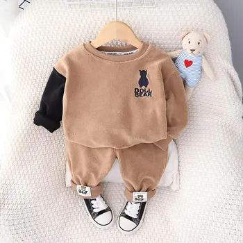 Костюм для мальчика на весну, свитер New Baby Plus Velvet, детский костюм-двойка из тонкого бархата на осень и зиму 80cm
