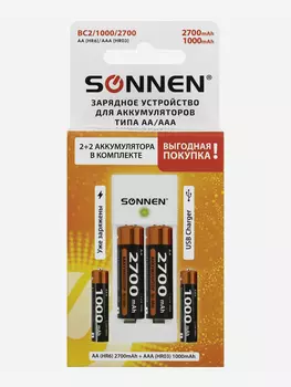 Зарядное устройство с аккумуляторами 4 шт. (2+2) AA+AAA (HR6+HR03), 2700 mAh + 1000 mAh, SONNEN BC2, 455005, Белый