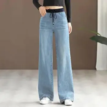Oversize 34 повседневные широкие джинсы женские лоскутные с высокой талией винтажные мешковатые Vaqueros весенние джинсовые брюки на шнуровке прямые брюки