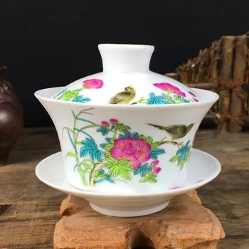 Большая керамическая чашка для чая Jingdezhen Gaiwan, чайная супница ручной работы, китайский винтажный чайный сервиз, аксессуары, посуда для чайной церемонии, 220 мл Capacity about 220ML