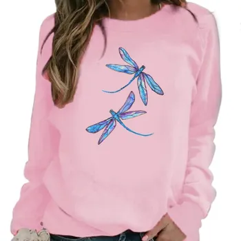 Новая женская толстовка с капюшоном European Dazzle Dragonfly Printed Crew-neck Hoodie Sweatshirt Streetwear Women Aesthetic S