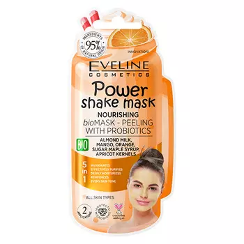 Маска-пилинг для лица EVELINE POWER SHAKE с пробиотиками и миндальным молочком ревитализирующая 8 мл