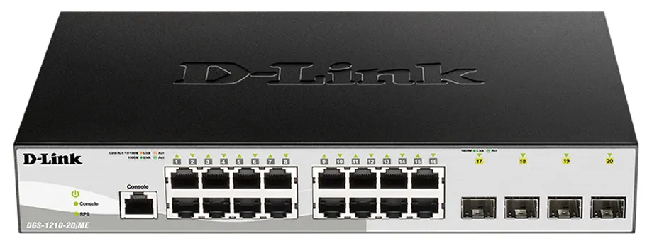 Коммутатор D-link DGS-1210-20/ME/B1A 16x10/100/1000Base-T, 4x1000Base-X SFP, L2, возможностью питания от сети 220 В или внешнего источника DC 12 В и в