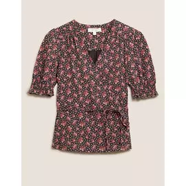Топ с объемными рукавами и V-образным вырезом с цветочным рисунком, Marks&amp;Spencer