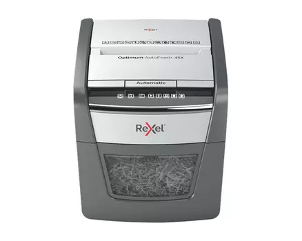 Шредер Rexel Optimum AutoFeed 45X черный с автоподачей (секр.P-4)/фрагменты/45лист./20лтр./скрепки/скобы/пл.карты