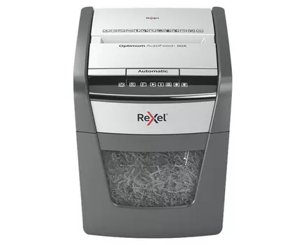 Шредер Rexel Optimum AutoFeed 50X черный с автоподачей (секр.P-4)/фрагменты/50лист./20лтр./скрепки/скобы/пл.карты