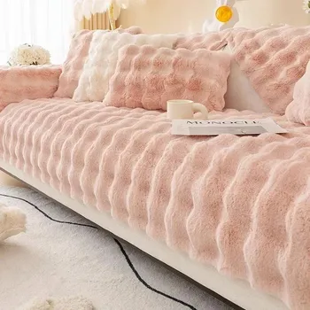 1PC Thicken Rabbit Plush Sofa Cover Autumn and Winter Sofa Mat Solid Color Anti-slip Couch Slipcover for Living Room Decor 70x70
