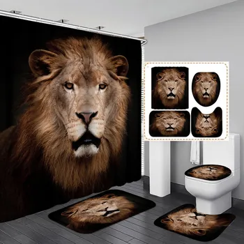 4 шт. наборы занавесок для душа серии Lion для ванной комнаты, нескользящие коврики для ванной комнаты, крышка для унитаза, коврик для ванной