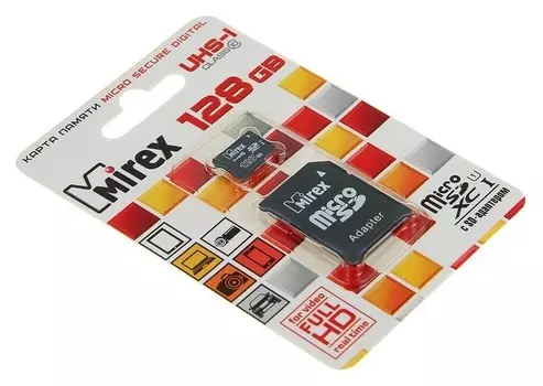 Карта памяти Mirex Microsd, 128 Гб, Sdxc, Uhs-i, класс 10, с адаптером SD