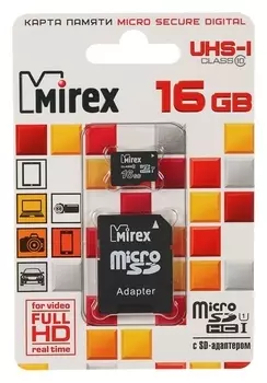 Карта памяти Mirex Microsd, 16 Гб, Sdhc, Uhs-i, класс 10, с адаптером SD