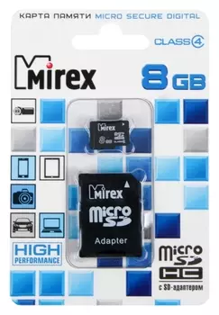 Карта памяти Mirex Microsd, 8 Гб, Sdhc, класс 4, с адаптером SD