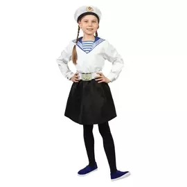 Карнавальный костюм «Морячка в бескозырке» для девочки, белая фланка, юбка, ремень, р. 32, рост 110-116 см