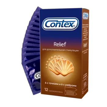 Презервативы Contex Relief с ребрами и точками, 12 шт.