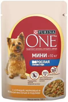 Влажный корм для собак Purina ONE для мелких пород старше 1 года с курицей морковью и зеленой фасолью в подливе 85г