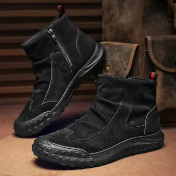 Fashion Men s Boots High Cut Workwear Shoes Autumn 2024 Flat Zipper Pleated Non Slip Comfort Thick Soled Wear-resistant Fashion Boots 39 чёрный