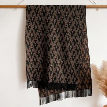 Autumn And Winter Geometric Shape Line Texture Core-Spun Yarn Long Tassel Retro Ethnic Style Women S Warm Scarf 200*65 красный