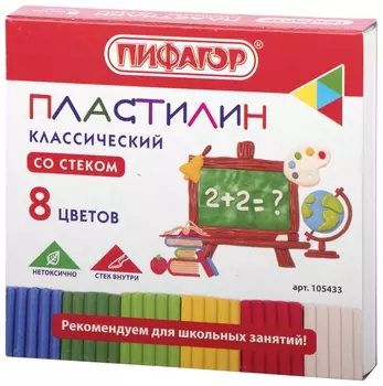 Пластилин классический школьный, 8 цветов, со стеком
