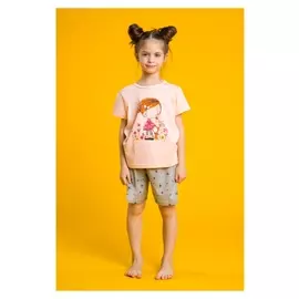 Пижама для девочки "Девочка с котёнком", рост 104-110 см, цвет персиковый/серый