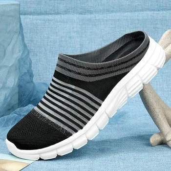 Fashion 2024 Men Casual Mules Mesh Breathable Flat Slippers Summer Couple Shoes Large Size Loafers Fashion Shoes Men Street Slippers 36 розовый
