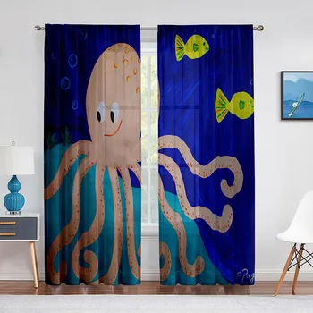 Cool Red Octopus Ocean Marine Life Chiffon Sheer Voile Curtains for Living Room Bedroom Kitchen Decor Window Tulle Curtain Drape 1 PCS W100XH250cm&Rod Pocket