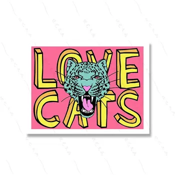 Love Cats Tiger Leopard Портрет Синий Художественный Принт Мультфильм Детская Комната Настенный Плакат Цитата Красочный Прохладный Холст Картина Домашний Декор 21x30cm No Framed