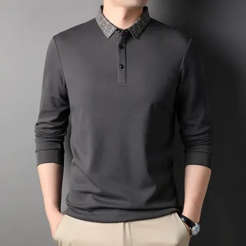 Spring New Men s Lapel Long Sleeve Polo Shirt Solid Color Casual Middle-Aged Men s Clothing Cotton T-shirt M