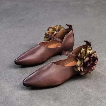Женские туфли Johnature Ethnic Style Flower с острым носком из натуральной кожи, универсальные туфли на плоской подошве 35 коричневый