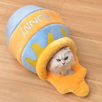 Милый горшок с медом, кровать для кошек, банка с медом, форма дома, плюшевая теплая мультяшная кровать для домашних животных, коврик для кошки, мягкий домик для домашних животных для маленьких кошек, собак