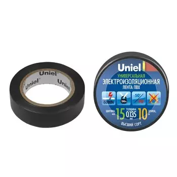 Изолента ПВХ, 15 мм, черная, 10 м, Uniel, 04510