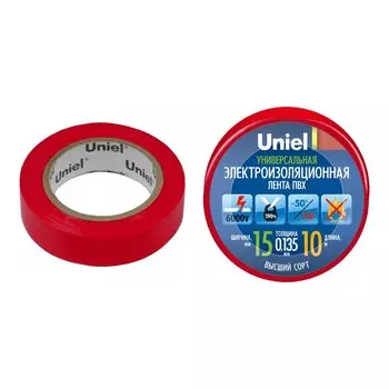 Изолента ПВХ, 15 мм, красная, 10 м, Uniel, 04513