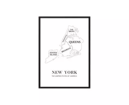 Постер в рамке New York карта 50х70 см (белый, черный, 70)
