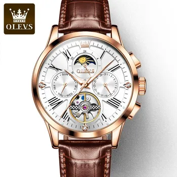 OLEVS Skeleton Tourbillon Автоматические механические часы Многофункциональные водонепроницаемые мужские часы