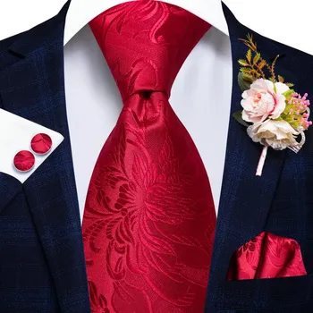 Hi-Tie Мужской красный шелковый галстук Жених Свадебный костюм Корсаж Галстук Платок Запонки Набор N-0206