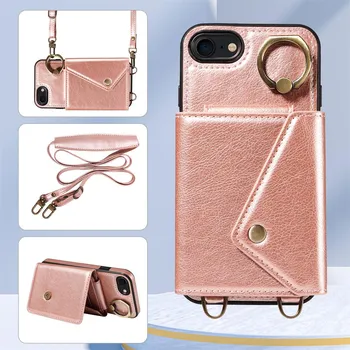 Для iPhone 6/6s/6Plus/7/8,7Plus/8Plus,iPhone SE (2020/2022) Плечевой ремень, кольцо, кронштейн, держатель для карт, слоты, чехол для телефона с узором личи iPhone 6 Plus чёрный