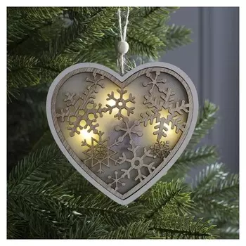 Подвеска световая "Сердце и снежинки", 13х13х1 см, 3 Led, бат(В комп) т/белый