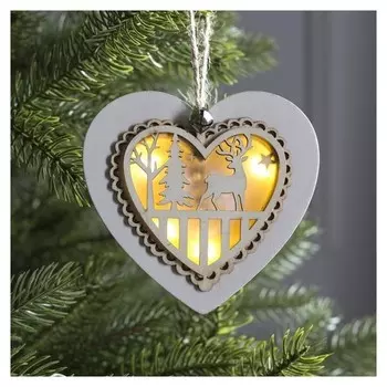 Подвеска световая "Сердце новогоднее белое", 10х10х2 см, 3 Led, бат(В комп) т/белый