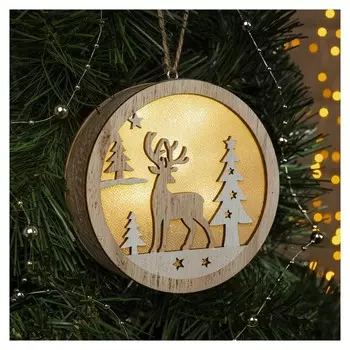 Подвеска световая шар "Олень в лесу", 11х11х3 см, 4 Led, бат.(Не в комп), т/белый