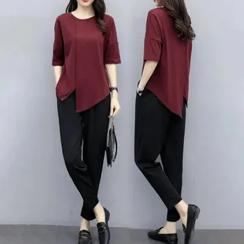 Women s Summer Plus Size Temperament Ageing Set Thin Round Neck Irregular T-shirt + Pants Casual Two-piece Set 5XL