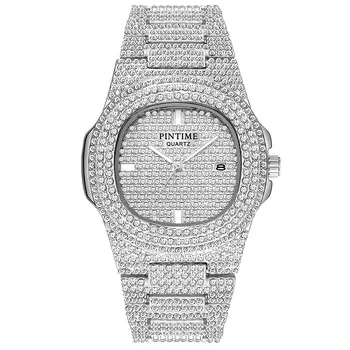 PINTIME Роскошные мужские часы Iced Out Diamond Case Водонепроницаемые застежка из нержавеющей стали Модные кварцевые наручные часы Календарь