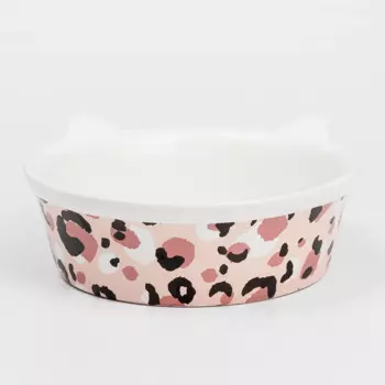Petmax Миска керамическая с ушками для кошек Леопард, 14x5,5 см, белая