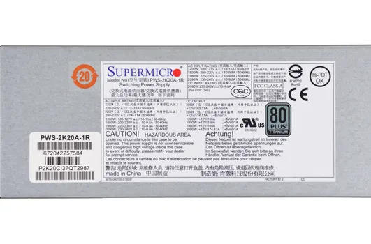 Блок питания Supermicro PWS-2K20A-1R, 1U Redundant, 2200Вт, 80 Plus Titanium (PWS-2K20A-1R)
