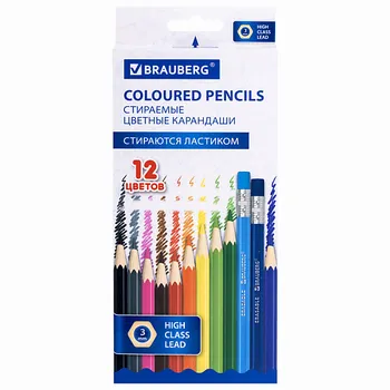 BRAUBERG Карандаши цветные стираемые с ластиком ERASABLE