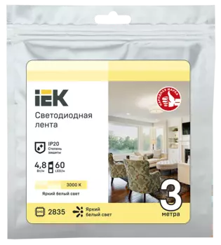 Лента светодиодная, 3м, SMD 2835, 60шт./4.8W на метр, 12 В, 3000 K, теплый белый, IP20 IEK (LSR1-1-060-20-3-03)
