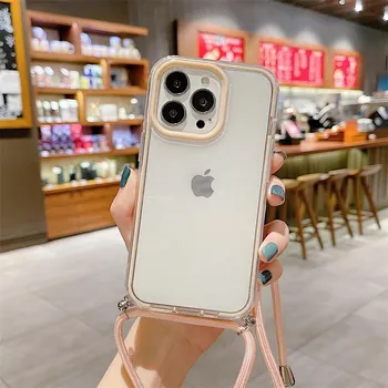Гибридный прозрачный акриловый противоударный чехол 3 в 1 для iPhone 13 12 11 Pro Max X XR XS 8 7 Plus, ожерелье через плечо, ремешок, чехол для телефона, чехол For iPhone SE 2020 белый