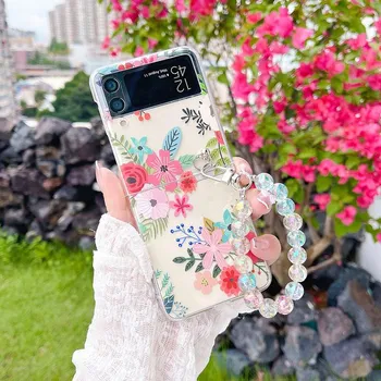 Чехол для Samsung Galaxy Z Flip 4 3, браслет с цветочной росписью, прозрачный противоударный чехол для ПК, твердая задняя крышка для Samsung Zflip 4 3, чехол For Samsung Z Flip 4
