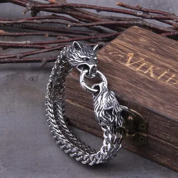 Высококачественный стальной браслет из нержавеющей стали Nordic Viking Odin с головой волка и кожаный браслет в стиле панк, мужской ювелирный талисман, подарок, мужской браслет Leather bracelet