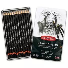 Набор карандашей чернографитных Derwent "Graphic Medium" 12 шт (4H-6B) в металл коробке