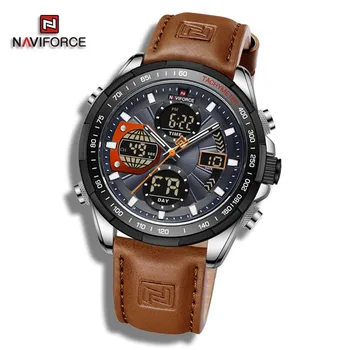Naviforce NF9197L Doul Display мужские часы кварцевые водонепроницаемые светодиодные цифровые электронные роскошные наручные часы для подарка 260mm серебряный/зелёный